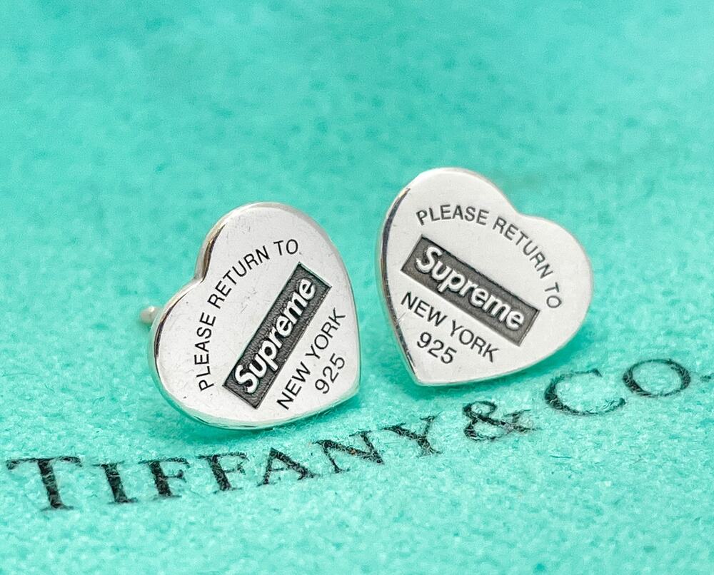 RARE Tiffany & Co X Supreme Mini Return Heart Stud Earrings Sterling Silver